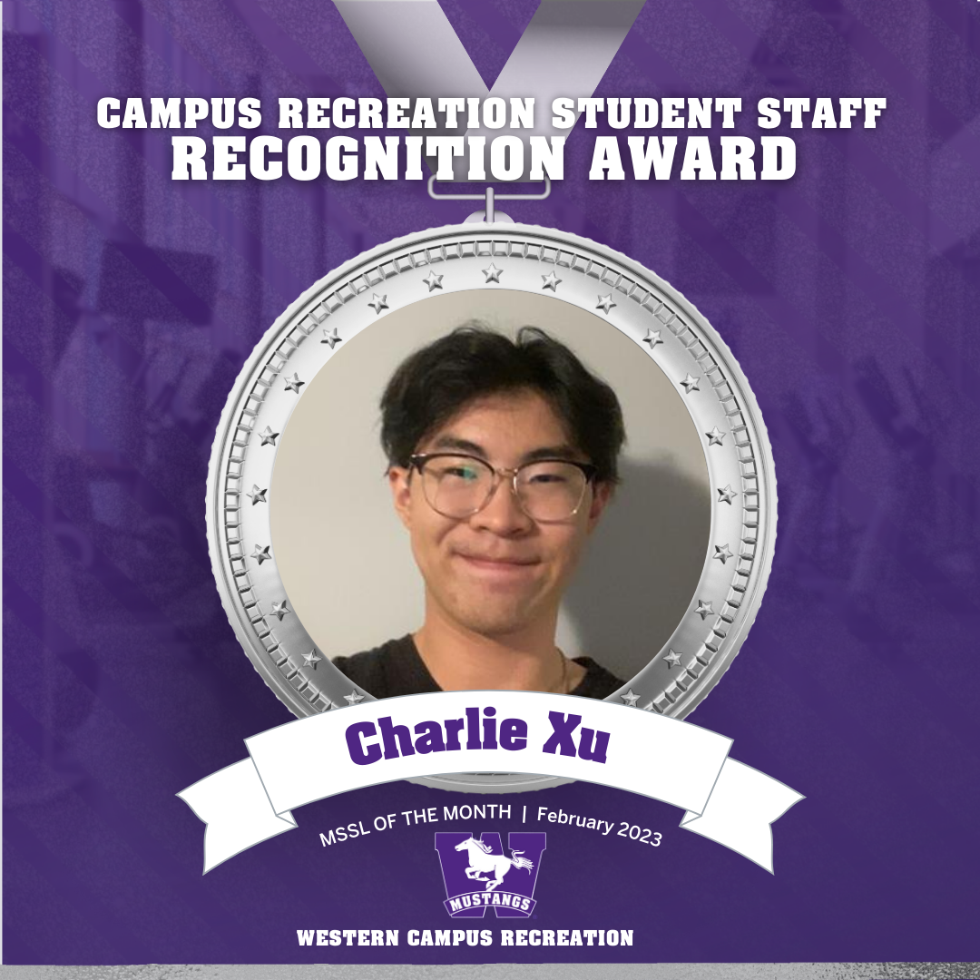 Image of Charlie Xu inside of silver medal award and a purple mustangs background